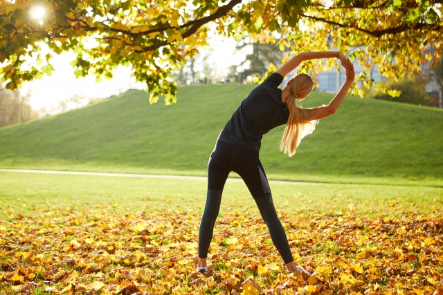 夕方の公園でストレッチをする女性